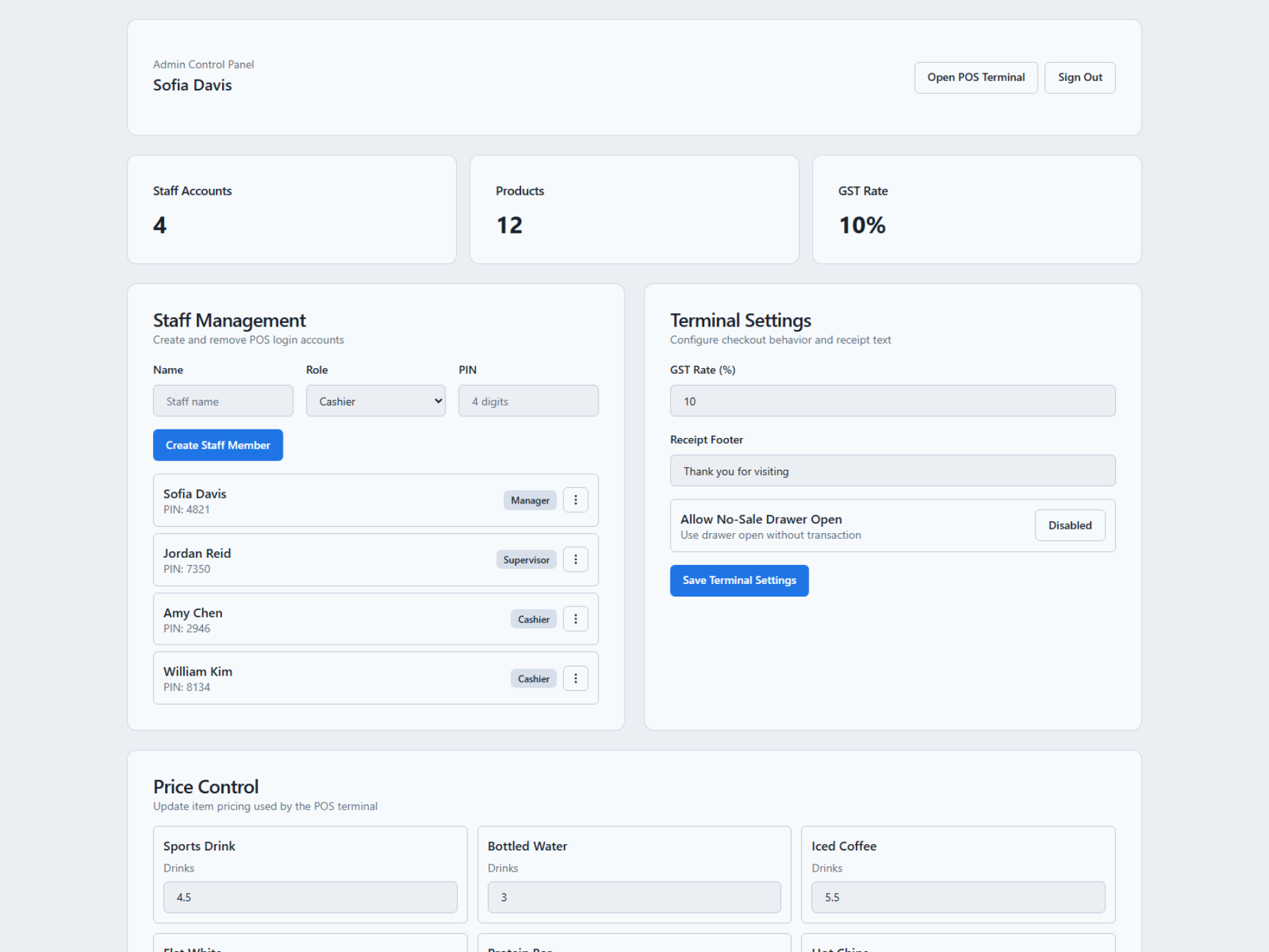 Staff accounts and terminal settings